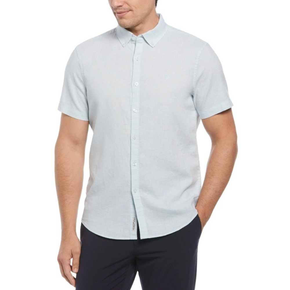 Original Penguin Men's Cool Blue Short Sleeve Button Down Shirt NWT Size L